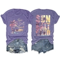 Vue recto-verso du t-shirt violet Sun Salt Sand avec motifs de palmiers tropicaux - Violet