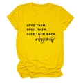 Detail of yellow round neck T-shirt featuring LOVE THEM SPOIL THEM black printed text - Yellow (Black Font)