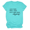 Detail of teal crew neck t-shirt showing the Love Them Spoil Them text and cotton texture - Deep Water Blue (Black Font)