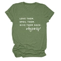 Detail of army green crewneck T-shirt with LOVE THEM SPOIL THEM slogan and rolled sleeves - Olive Green (White Font)