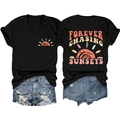 Flat lay detail of V-neck T-shirt back with Forever Chasing Sunsets graphic print - Black