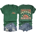 Flat lay of V-neck T-shirt with back sunset graphic and distressed denim shorts set - Vintage Green