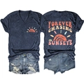 Detailed front and back view of V-neck T-shirt with Forever Chasing Sunsets print - Navy Blue