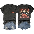 Front and back view of V-neck T-shirt with Forever Chasing Sunsets print and denim shorts - Black Heather Grey