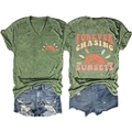 Back view of green V-neck T-shirt with Forever Chasing Sunsets print and denim shorts - Olive Green