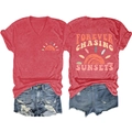 Flat lay of red V-neck T-shirt with sun graphic and denim shorts with ripped details - Red