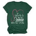 Detail of Sisters On The Loose 2025 trip text and heart print on heather green t-shirt - S / Tops / Retro Green (White Text)