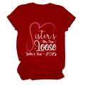 Detail of red crew neck T-shirt with white and pink Sisters On The Loose 2025 print - S / Tops / Red