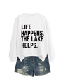 Flat lay of white long sleeve sweatshirt with 'Life Happens The Lake Helps' print - White (Black Font)
