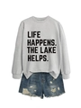Detail of grey graphic sweatshirt with Lake lettering and distressed denim shorts - Grey (Black Font)
