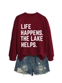 Close-up of Life Happens The Lake print on maroon sweatshirt and ripped denim shorts - Wine Red (White Font)