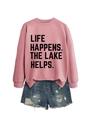 Detail of pink sweatshirt with Life Happens slogan and distressed denim shorts set - Rose Gold (Black Font)