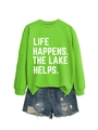 Detail of green crewneck sweatshirt with white Life Happens The Lake Helps lettering - Fluorescent Green (White Font)