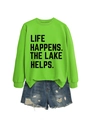 Detail of neon green sweatshirt with LIFE HAPPENS print paired with frayed denim shorts - Neon Green (Black Text)