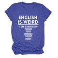 Detail of heather blue cotton t-shirt with English grammar humor text in white font - Retro Blue (White Font)