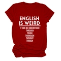 Close-up of the humor typography and crew neck on a dark red short sleeve T-shirt - Red (White Font)