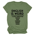Detail view of cotton grass green T-shirt with black English text print on white background - Olive Green (Black Font)