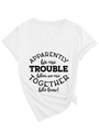 Detail view of white V-neck T-shirt featuring a black slogan print and a stylish front knot - S / White (Black Font)