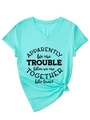 Detail of mint green V-neck T-shirt with quote print, rolled sleeves and knotted hem - S / Deep Water Blue (Black Font)