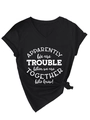 Detail of black V-neck T-shirt with white graphic slogan print and knot hem design - Black (White Font)