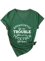 Detail of V-neck dark green cotton t-shirt featuring rolled sleeves and front knot design - Vintage Green (White Font)