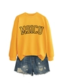 Detail of yellow MSICU sweatshirt and distressed denim shorts with frayed edges - Yellow (Black Font)