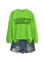 Flat lay of bright green MSICU sweatshirt paired with distressed blue denim shorts - Neon Green (Black Font)