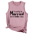 Detail of pink muscle tee featuring 'I used to be married' print and stylish side knot - Pink Purple