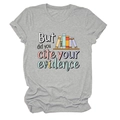 Detail of grey crewneck t-shirt fabric with But did you cite your evidence book print - Light Gray