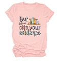 Detail of pink crew neck T-shirt with 'But did you cite your evidence' text and book print - Pink