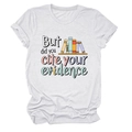 Detail of white cotton T-shirt featuring academic book graphic and cite your evidence slogan - White