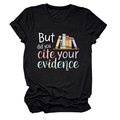 Detail of black cotton T-shirt featuring academic book graphic and evidence quote text - Black (White Letters)