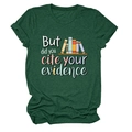 Detail of dark green cotton T-shirt featuring stacked books and academic text print - Retro Green (White Font)
