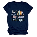 Close-up of academic humor text and colorful book graphics on a navy blue t-shirt - Navy Blue (White Font)