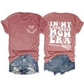 Detail view of pink lacrosse mom t-shirt and distressed denim shorts casual summer set - Rose Gold (White Print)