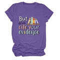 Detail of purple cotton blend T-shirt featuring 'But did you cite your evidence' print - Purple (Black Text)