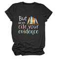 Detail view of the 'But did you cite your evidence' print on a dark grey t-shirt - Black Heather Grey