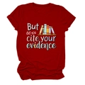 Detail of burgundy crewneck T-shirt featuring 'But did you cite your evidence' book graphic - Red