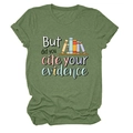 Detail of army green crewneck T-shirt featuring But did you cite your evidence print - Olive Green