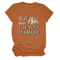 Detail of rust orange heathered t-shirt featuring academic book print and evidence quote - Burnt Orange (White Font)