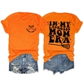 Front and back detail of orange Lacrosse Mom cotton t-shirt with distressed denim shorts - Orange (Black Print)