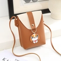 Mini brown and white crossbody phone bag with cute cartoon dog charm and metal button - Brown