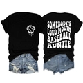 Détail de l'impression au dos du t-shirt Baseball Auntie en coton noir pour femme - Noir (Police Blanche)