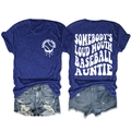 Vue détaillée avant et arrière du t-shirt bleu marine Baseball Auntie et du short denim - Bleu Vintage (Police Blanche)