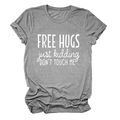 Detail of grey crewneck T-shirt with white Free Hugs Just Kidding slogan print - Dark Gray (White Font)