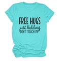 Detail of teal cotton T-shirt featuring Free Hugs Just Kidding typography print - Deep Water Blue (Black Font)