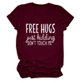 Detail of Free Hugs slogan print and rolled sleeve hem on burgundy cotton T-shirt - Wine Red (White Font)
