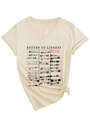 Detail of V-neck beige t-shirt featuring retro vintage return to library card print - S / Sand (Black Print)