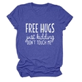Detail of dark blue heather fabric T-shirt with Free Hugs Just Kidding slogan print - Retro Blue (White Font)