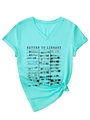 Detail of mint green V-neck T-shirt showing retro Return to Library print and cuffed sleeves - S / Deep Water Blue (Black Print)